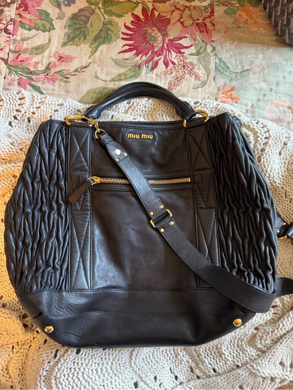 Miu Miu Black Leather Shoulder Bag with Gold Hardware